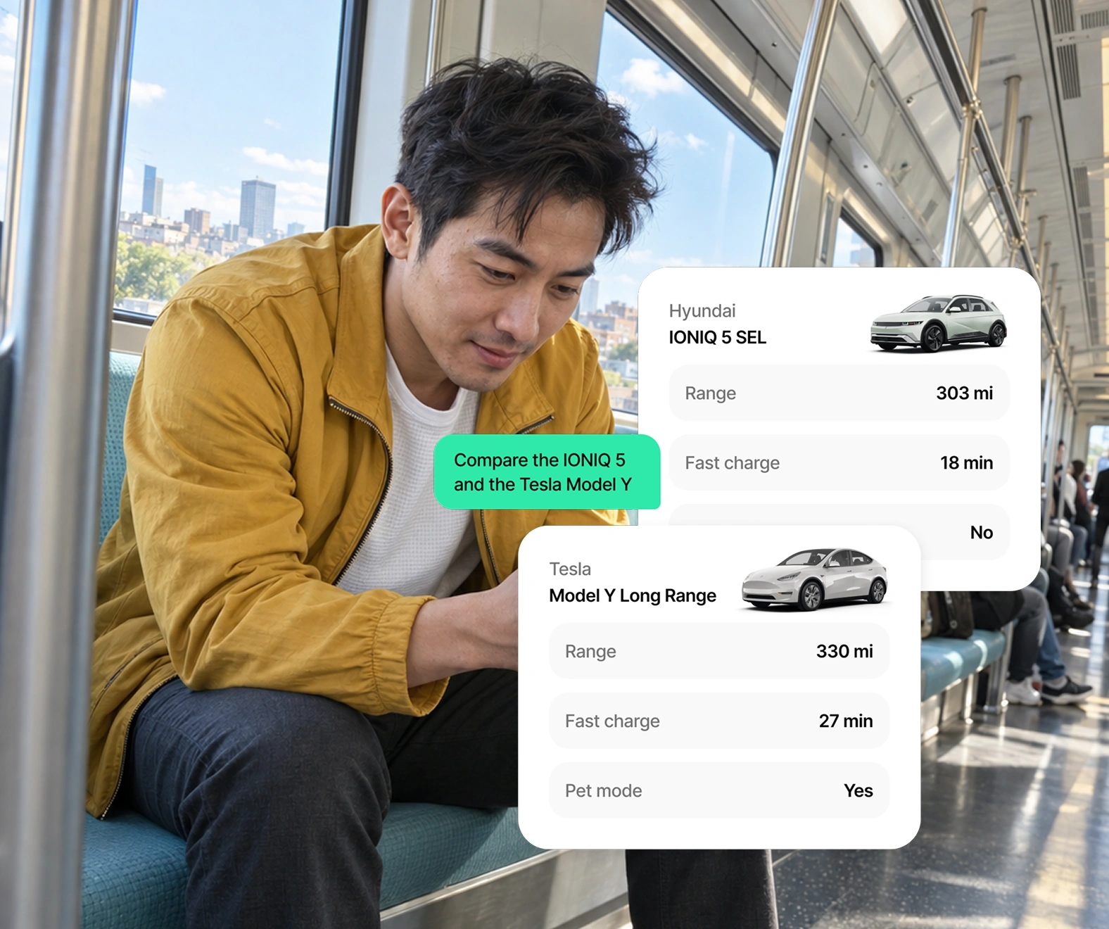 A man on a train looking at his phone, and beside him the comparison he asked for: a Hyundai IONIQ 5 SEL with 303 miles of range and an 18 minute fast charge, and a Tesla Model Y Long Range with 330 miles and 27 minutes. Only the Model Y has pet mode.